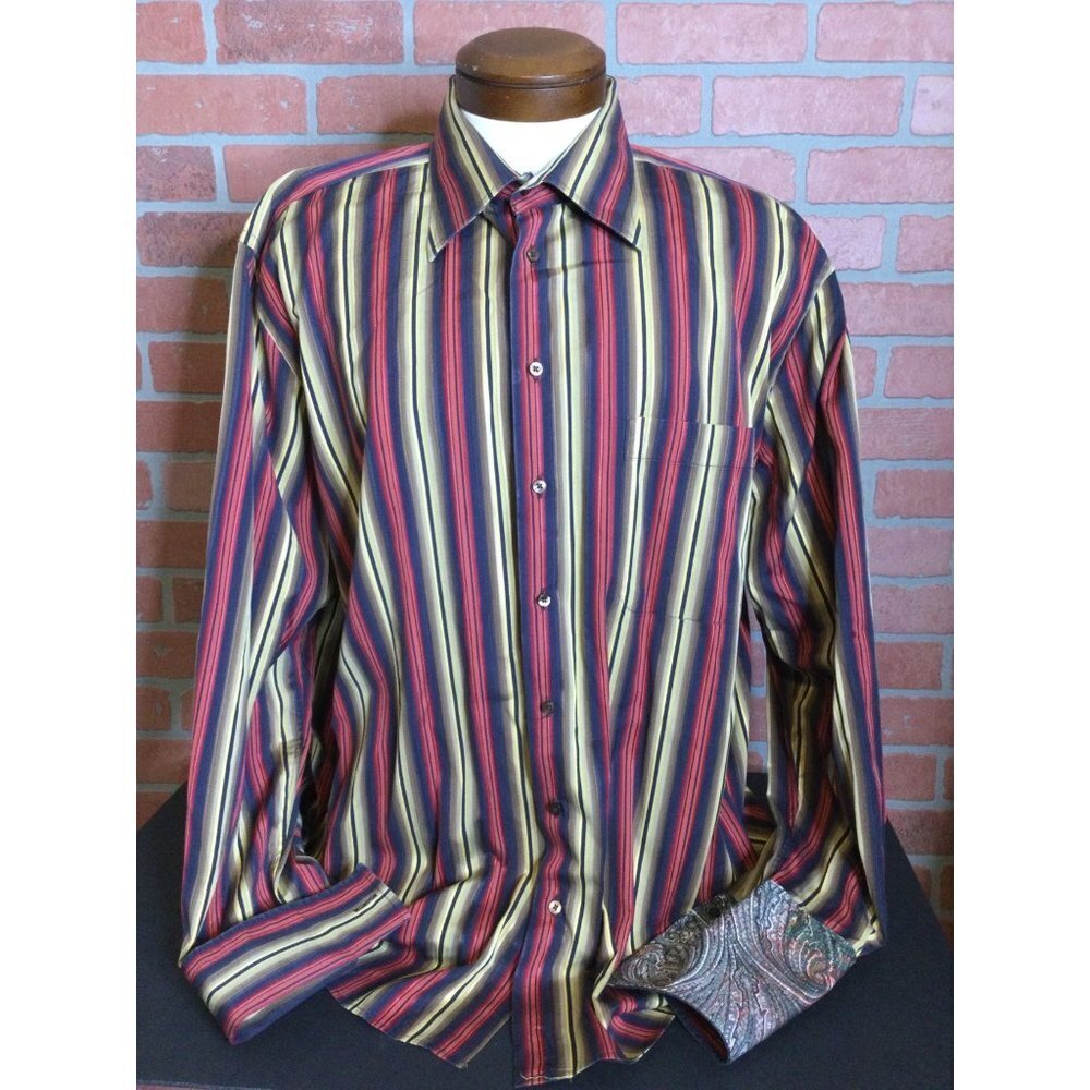 Jack Liyson Mens Button Up Shirt Striped Long Sleeve Contrast Flip Cuffs XL